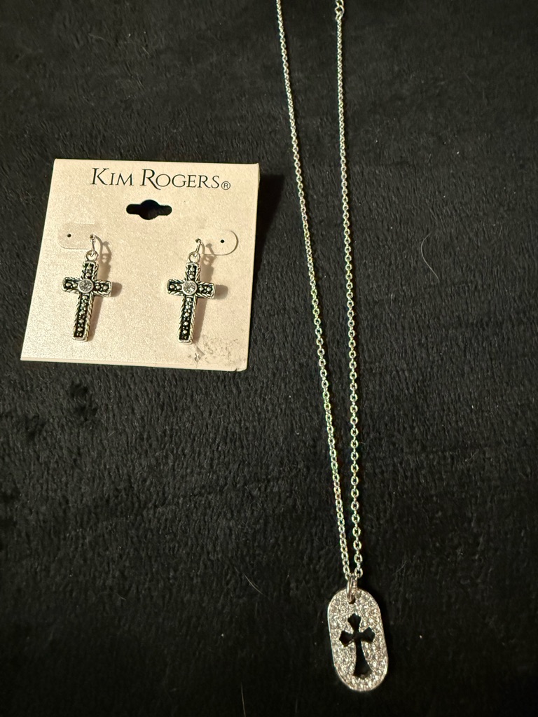 Kim Rogers Silver Cross Necklace And Dangle Earrings Set With Crystal Accents